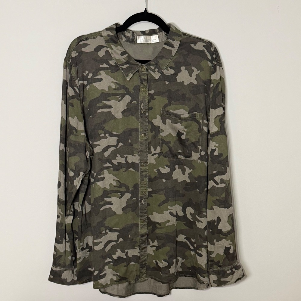 Time and Tru Camo Snap Front Shirt Rayon Long Sleeve XXL 20 Green Country Chic